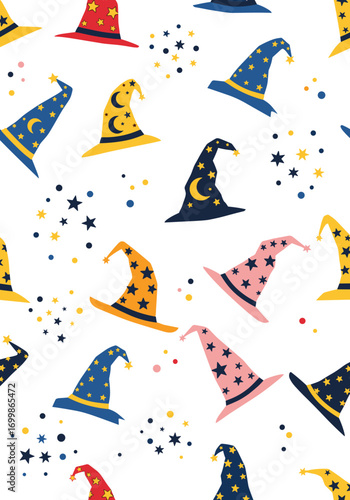 Whimsical wizard hats and cosmic stars seamless pattern for magical crafts and decor