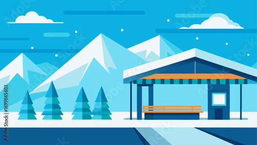 Winter landscape with mountains and shelter