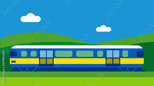 Blue and yellow train on green landscape