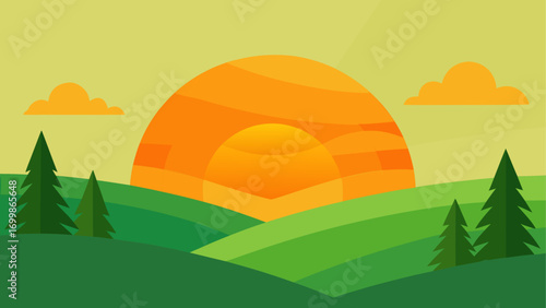 Illustration of sunset over green hills