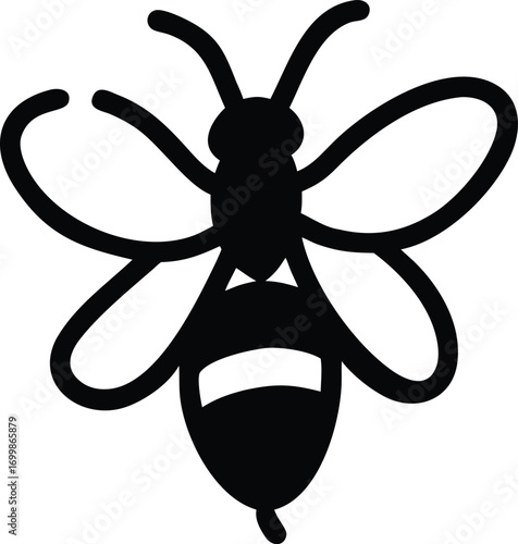 Black and white outline icon of a bee with curved antennae and striped abdomen insect graphic
