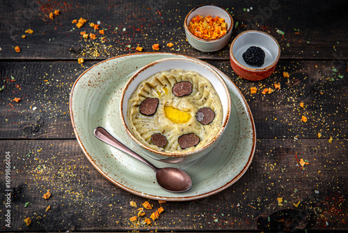 Creamy mashed potatoes with truffle served on rustic brown wooden background. Rich and elegant side dish.