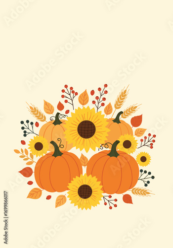 Autumn harvest celebration with pumpkins sunflowers and seasonal berries
