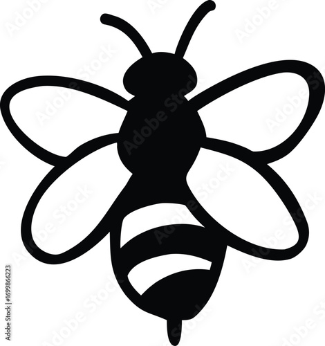 Black and white silhouette icon of a bee with striped abdomen and wings insect graphic