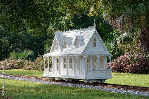 imagine whimsical world where houses glide effortlessly along rails through lush forest surrounded by greenery