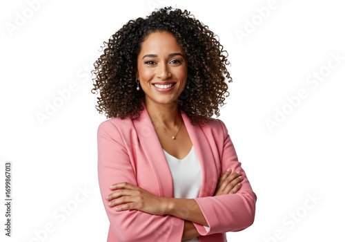 Smiling woman in pink blazer portrait shot on transparent background