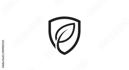 Monochrome shield with elegant leaf symbol representing nature protection and security.