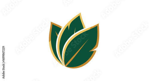 Three stylized green leaves with golden outlines symbolizing nature and growth.
