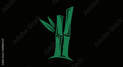 Green bamboo stalks with leaves on black background nature concept design element.