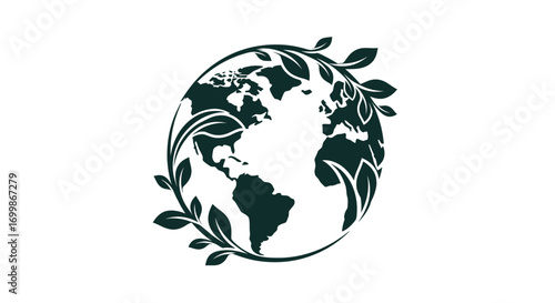 Eco friendly world globe with leaves representing nature and environment.