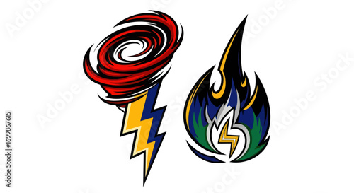 Stylized tornado and fire emblems with lightning bolts.