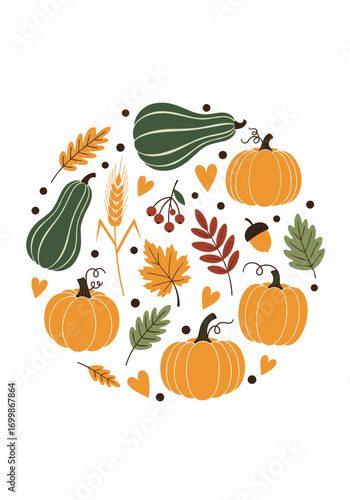 Autumn harvest pumpkins gourds leaves acorns and berries circle