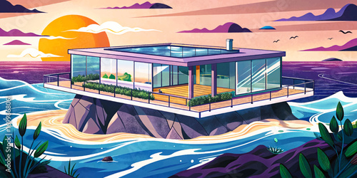 Futuristic glass villa hovering above ocean waves, transparent walls and solar technology creating surreal luxury architecture