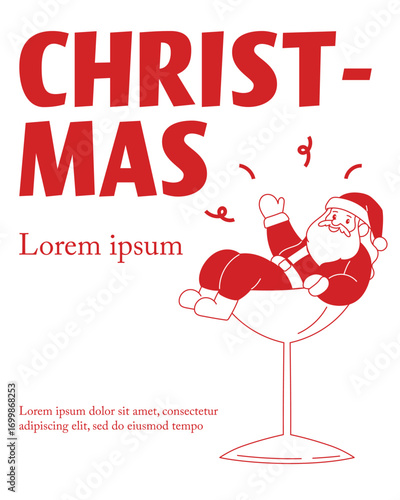 whimsical christmas party poster template with hand drawn Santa Claus in cocktail glass illustration, minimal red and white holiday banner for christmas celebration flat design
