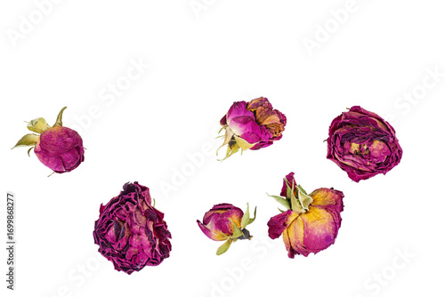 Rose flower dry tea isolated on a white background.Top view