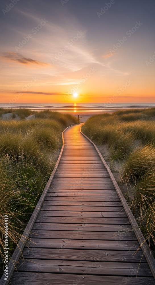 Fototapeta premium Wooden Boardwalk Leading to Beach at Sunset