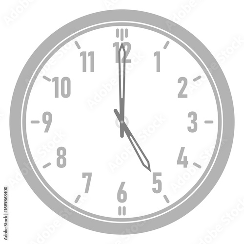 A Simple Clock Showing 5 O'Clock, Minimalist Vector Clock at 5:00, Gray Clock Isolated on a transparent Background