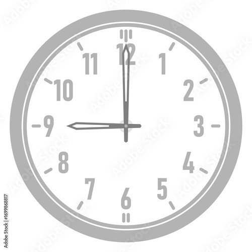 A Simple Clock Showing 9O'Clock, Minimalist Vector Clock at 9:00, Gray Clock Isolated on a transparent Background