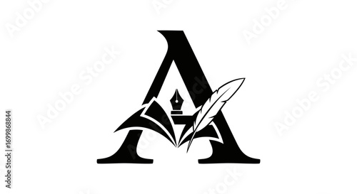 Elegant Letter A Logo with Feather and Pen Symbolism.