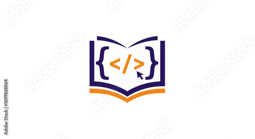 open book with coding symbols and cursor representing programming education and learning.