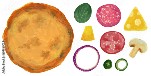 Hand painted cooking pizza, isolated dough and ingredients for making pizza.