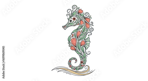 Intricate seahorse illustration with floral accents and detailed design elements.