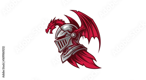 Red Dragon Knight Helmet with Wings Fantasy Mascot Illustration.