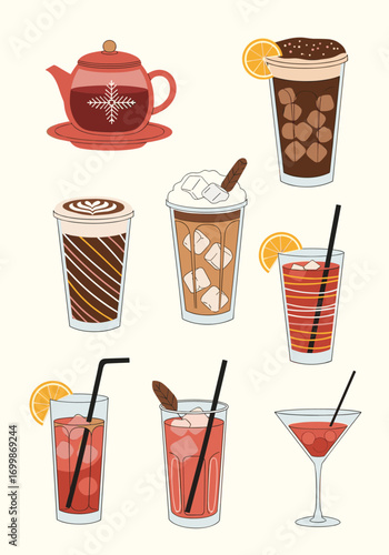 A collection of refreshing beverage drinks and hot tea pot displayed on a cream background