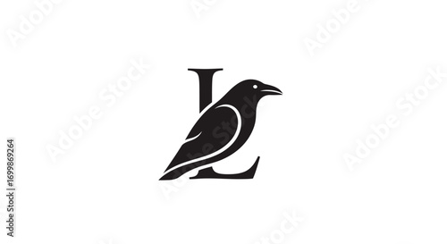 Black crow perched on letter L logo design.