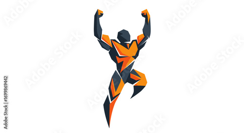 Stylized bodybuilder flexing muscles in a powerful triumphant pose.