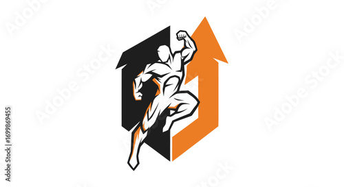 Dynamic muscular man with an upward arrow symbolizing strength and progress.