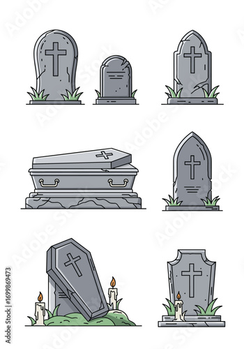 Collection of graveyard tombstones and coffin illustration in pixel art style