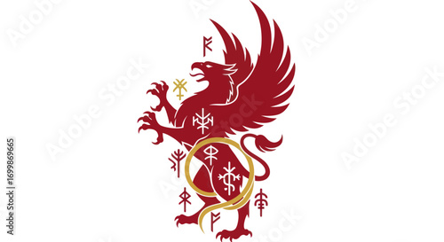 Majestic Red Griffin with Intricate Golden and White Symbols.