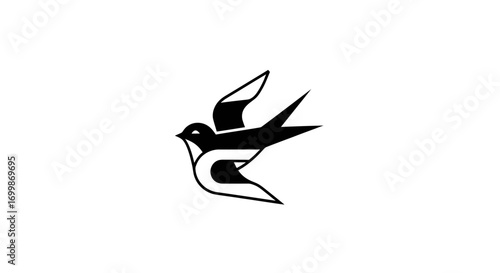 Stylized Black and White Swallow Bird Flying Minimalist Design.