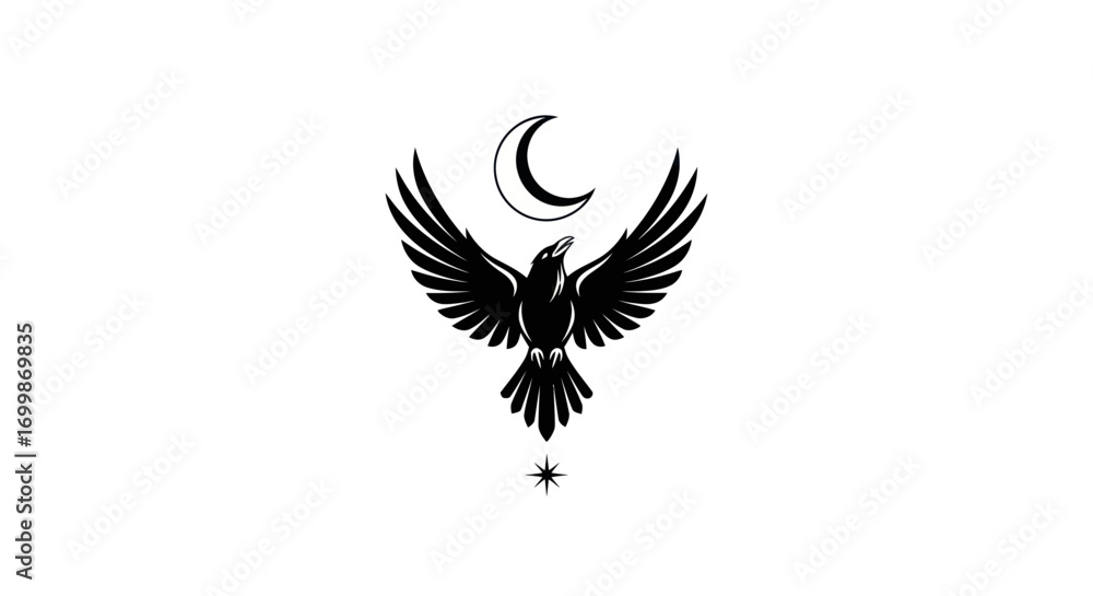 Obraz premium Majestic Raven with Outspread Wings and Crescent Moon Symbol.