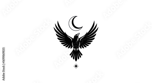 Majestic Raven with Outspread Wings and Crescent Moon Symbol.
