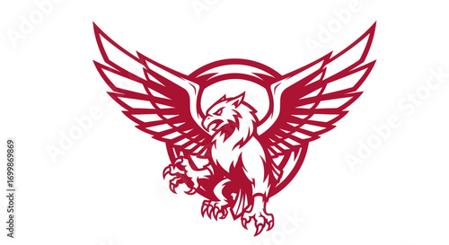 Red and white griffin mythical creature with outstretched wings.