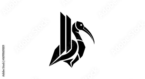 Stylized black ibis bird logo design with geometric lines.