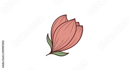 Hand-drawn pink flower bud with green leaves simple botanical illustration.