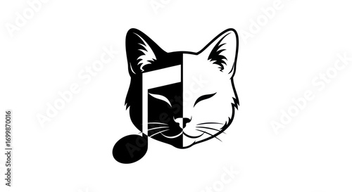 Stylized Cat Head with Music Note Overlay in Black and White.