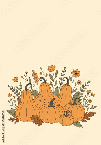 Harvest pumpkins gourds autumn leaves floral arrangement