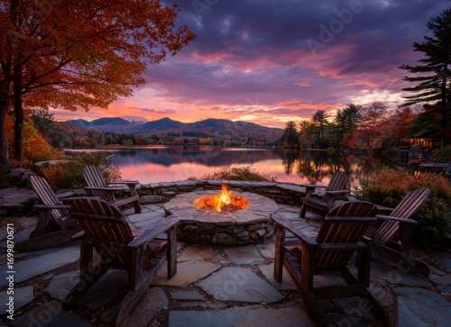 autumn sunset over lake with fire pit and chairs