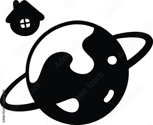 Cartoon Planet with Ring and Small House Icon on White Background earth space
