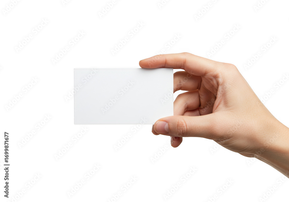 Obraz premium Hand holding a blank business card isolated on transparent background