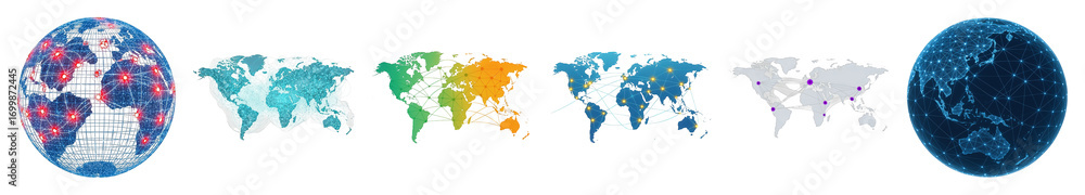 Naklejka premium Global network map set including interconnected globes and various colored world maps isolated. Technology, data, and communication concept.