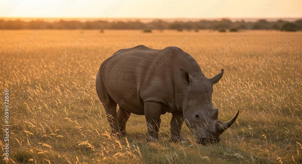 Obraz premium White rhinoceros grazing in golden grassland at sunset
