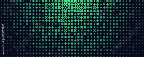 Green plus cross grid gradient pattern. Geometric signs create pixel matrix illusion texture for tech, science, medicine, data, gaming in banner, header, app, slide use. Vector background