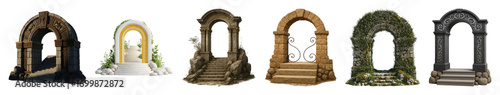 Ornate archway set including ancient stone, elegant marble, rustic, and nature-covered designs isolated. Architectural and fantasy portal collection.