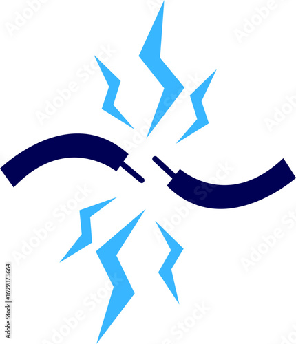 Vector of a broken electrical connection. electrical short circuit. Broken electric cable wire short circuit. Vector art of severed electrical wires with sparks flying, symbolizing a short circuit. 