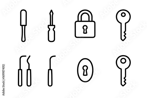 Neon glowing tools and security icons on dark background for modern infographics